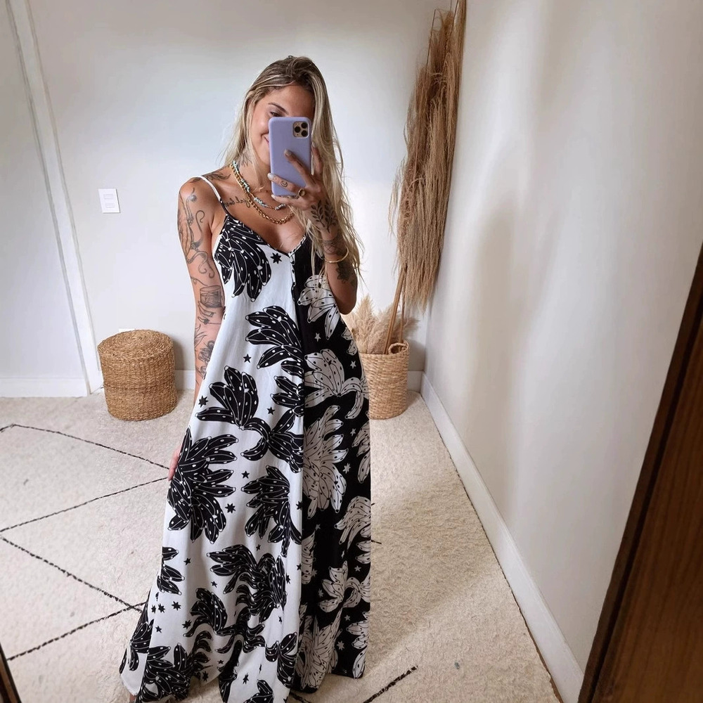 ZARA Printed Spaghetti Strap Backless Loose Sexy Maxi Dress